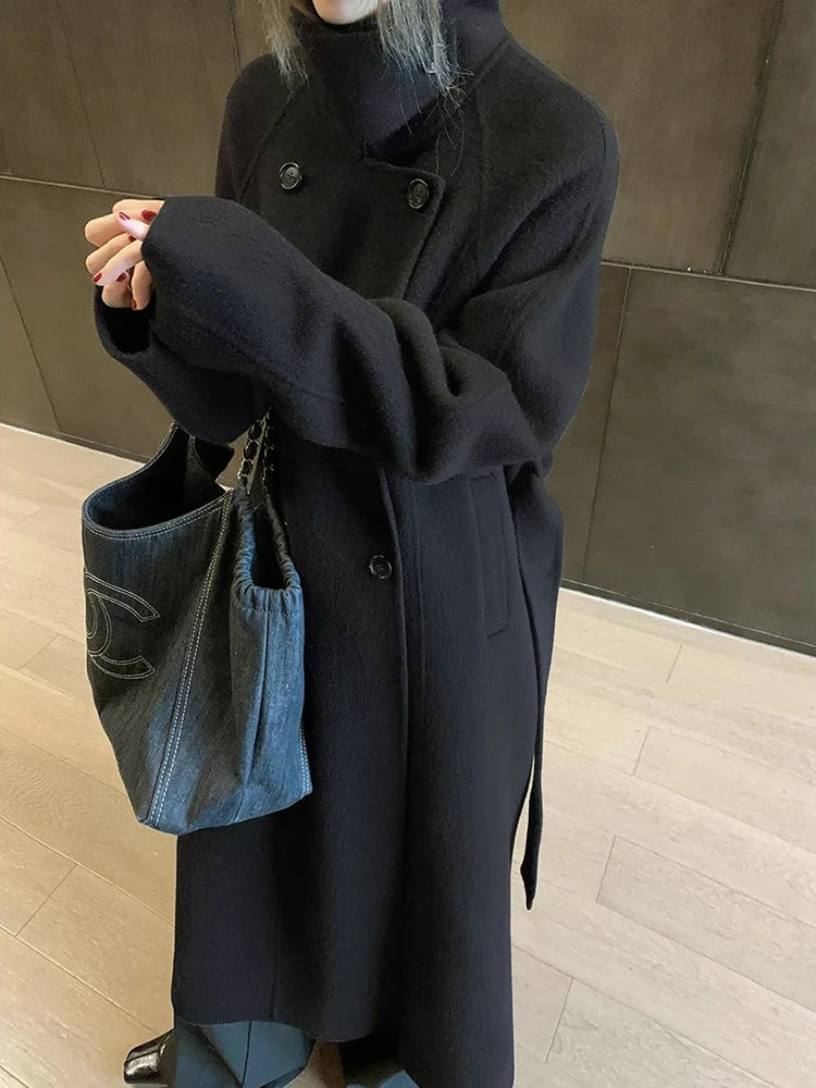 Double Breasted Office Lady Cashmere Woolen Jackets 2025 Autumn And Winter Stand Collar Loose Lace-Up Women's Long Wool Coats