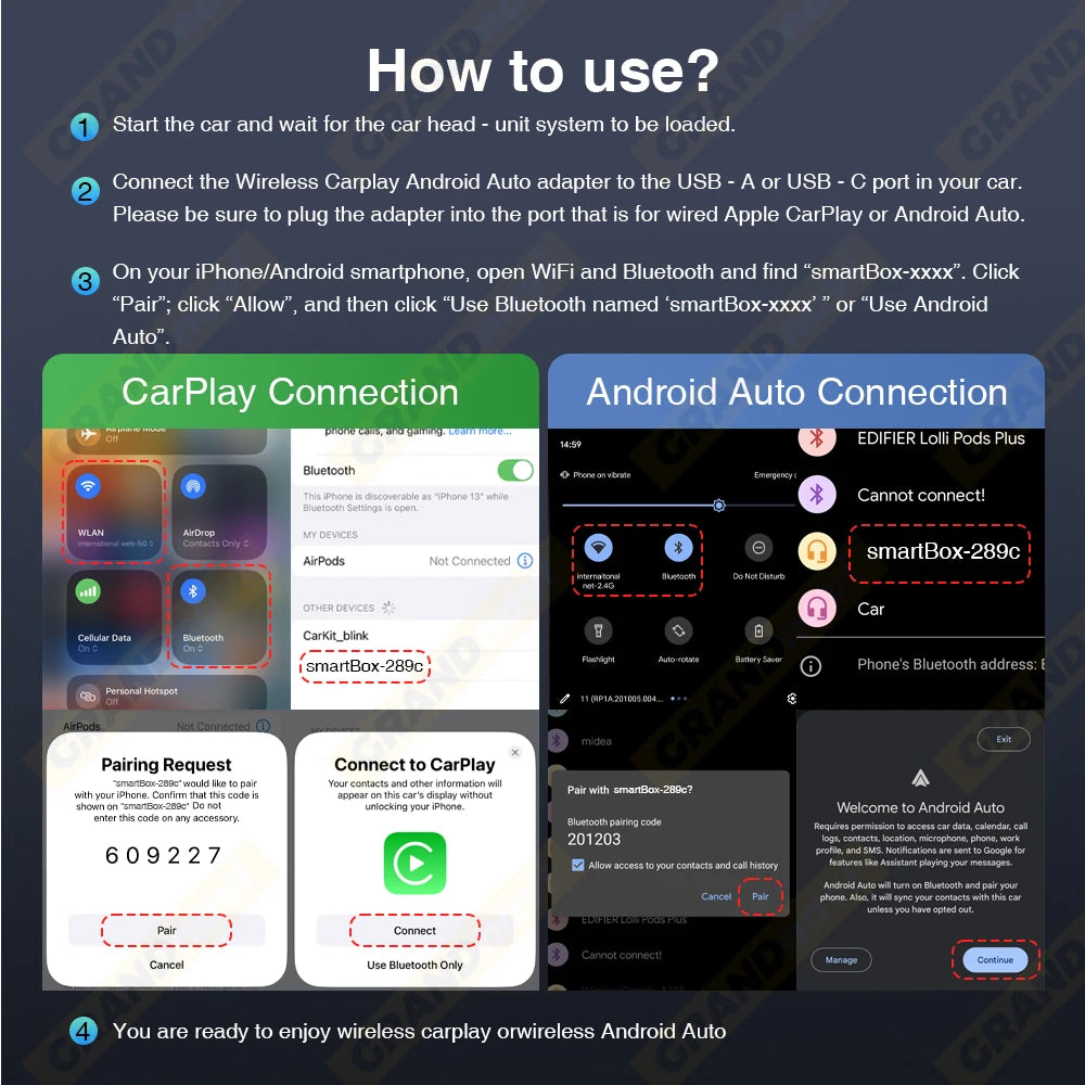 Grandnavi 2-in-1 Wireless CarPlay & Android Auto Adapter (2025 Mini USB Dongle)