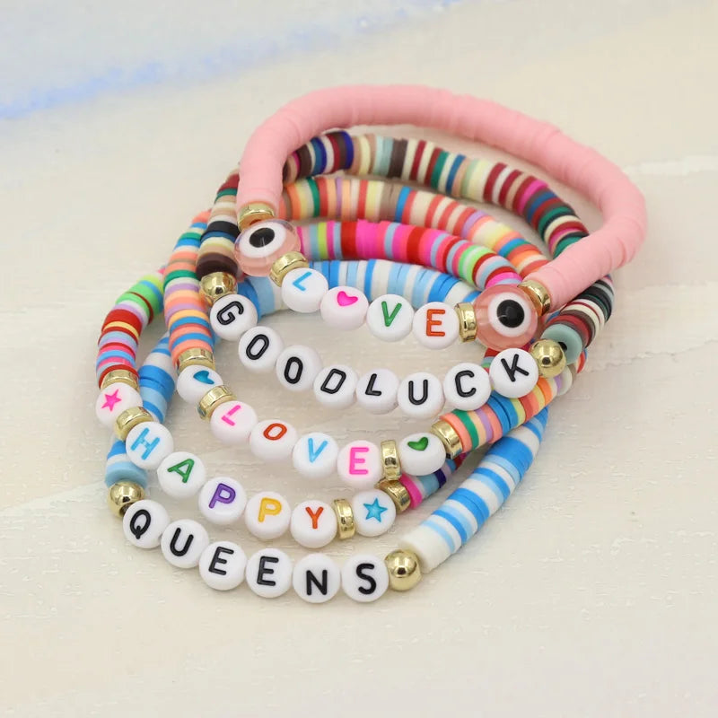 Multicolor Clay Beaded Letter Bracelet | Custom Friendship & Love Boho Jewelry