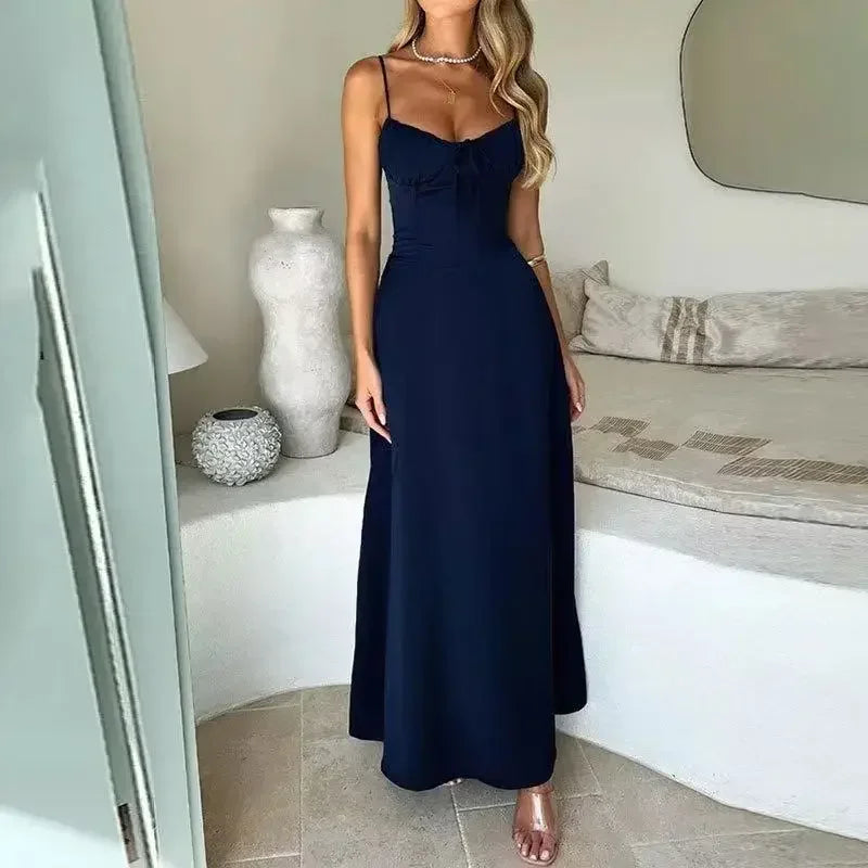 Casual Women High Waist A-line Sling Dress Sleeveless Cinched-waist Pleated Slim Long Dresses 2026 Lady Vacation Street Gowns