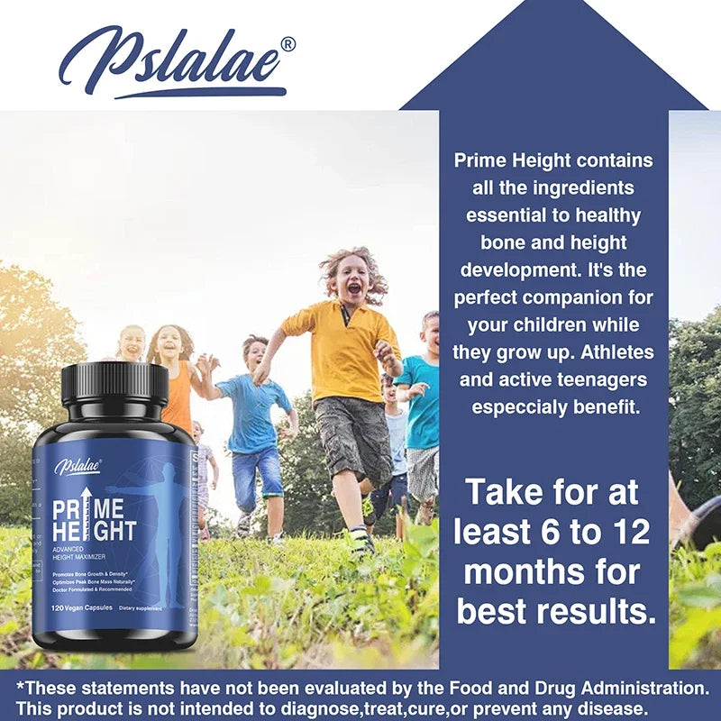 Pslalae Prime Height Advanced Height Growth Capsules – With Calcium, Zinc, Magnesium & Vitamins D3, K2, B6, B12 | Promotes Bone Strength & Natural Growth (120 Capsules)