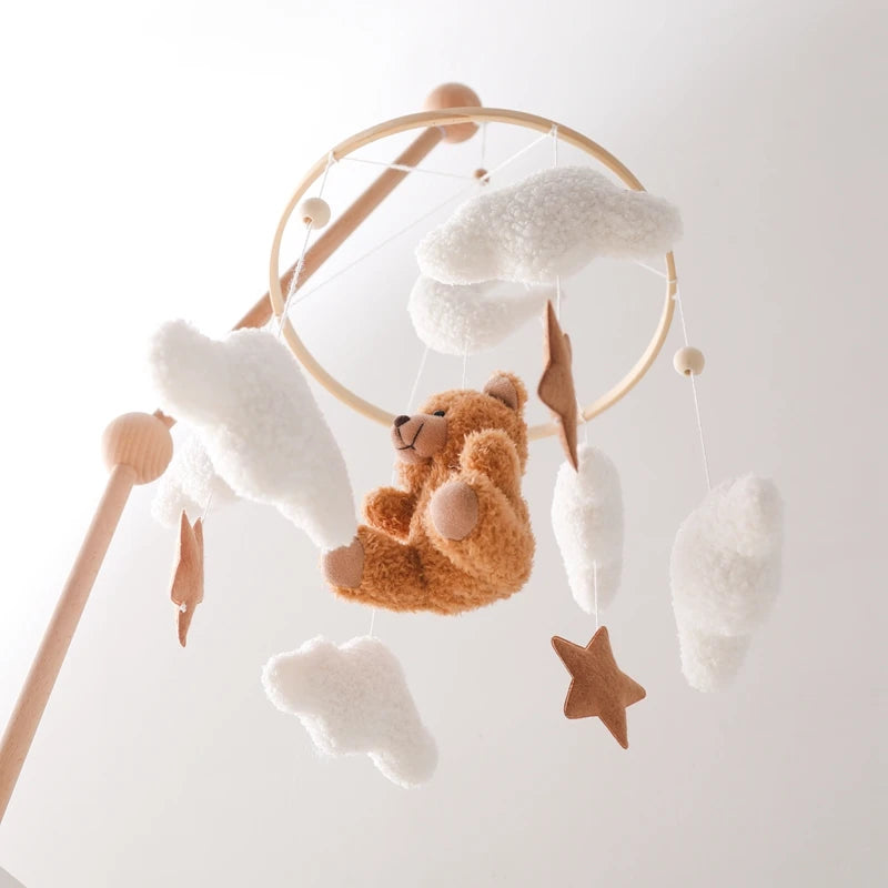 Wooden Crib Mobile Baby Bed Bell Rattle Toy Soft Felt Cartoon Bear Mobile bracket Newborn Music Box Bed Bell Hanging Bracket Toy