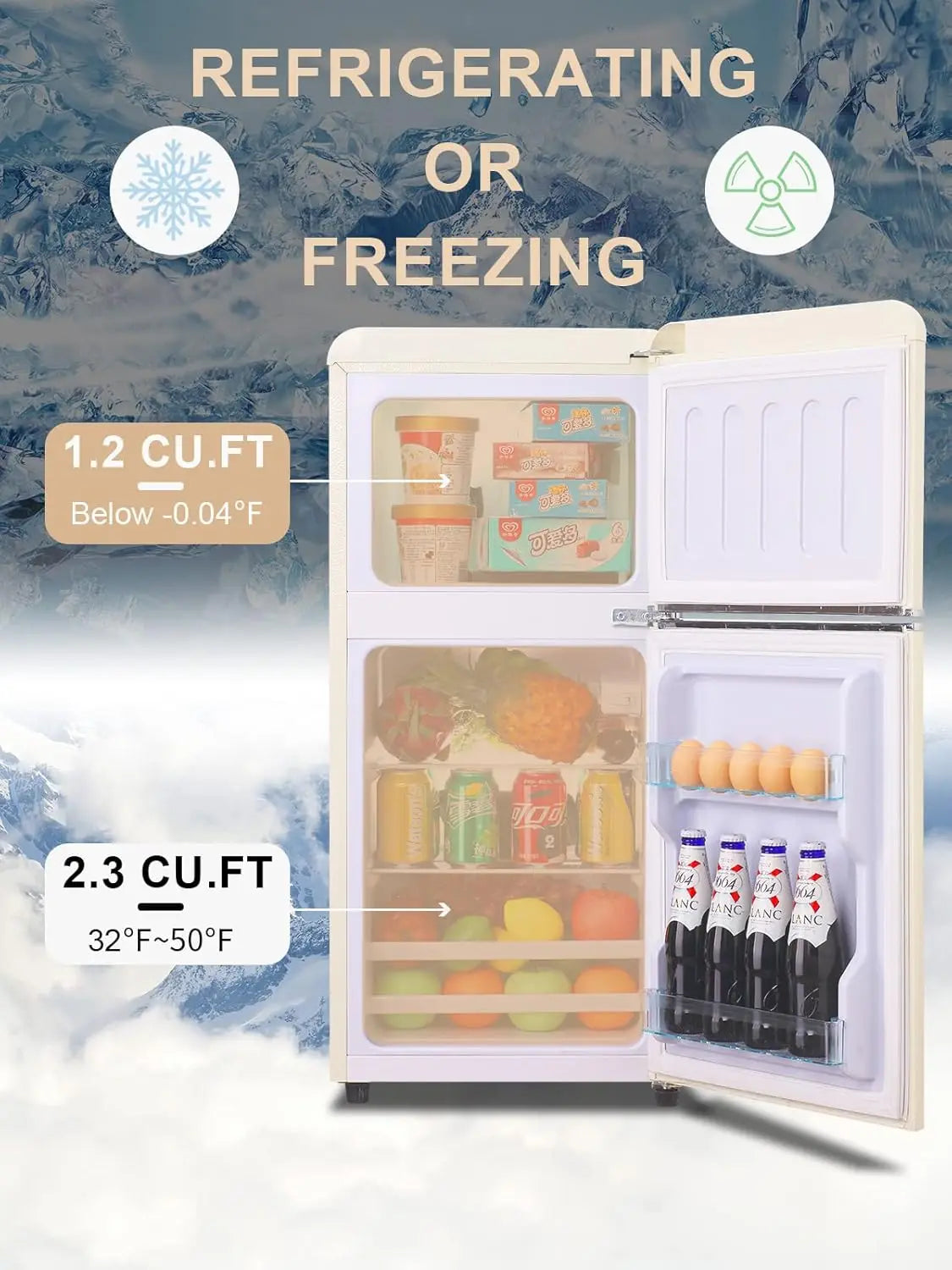 KRIB BLING 3.2 Cu.ft Compact Refrigerator, Mini Fridge with Freezer, Retro Design Small Drink Chiller for Home, Office
