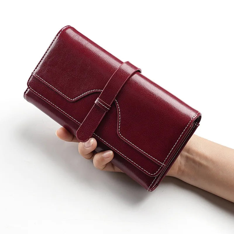Genuine Leather Wallet for Women Long Clutch Bag Oil Wax Leather Retro Women's Multifunctional RFID Anti-theft Brush Wallets
