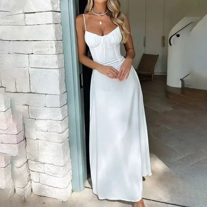 Casual Women High Waist A-line Sling Dress Sleeveless Cinched-waist Pleated Slim Long Dresses 2026 Lady Vacation Street Gowns