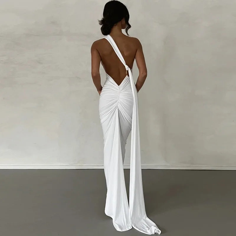 Women's One-Shoulder Sleeveless Maxi Dress Adjustable Scarf Loop Ruched Backless Bodycon Festival Party Outfit Elegant Long Gown