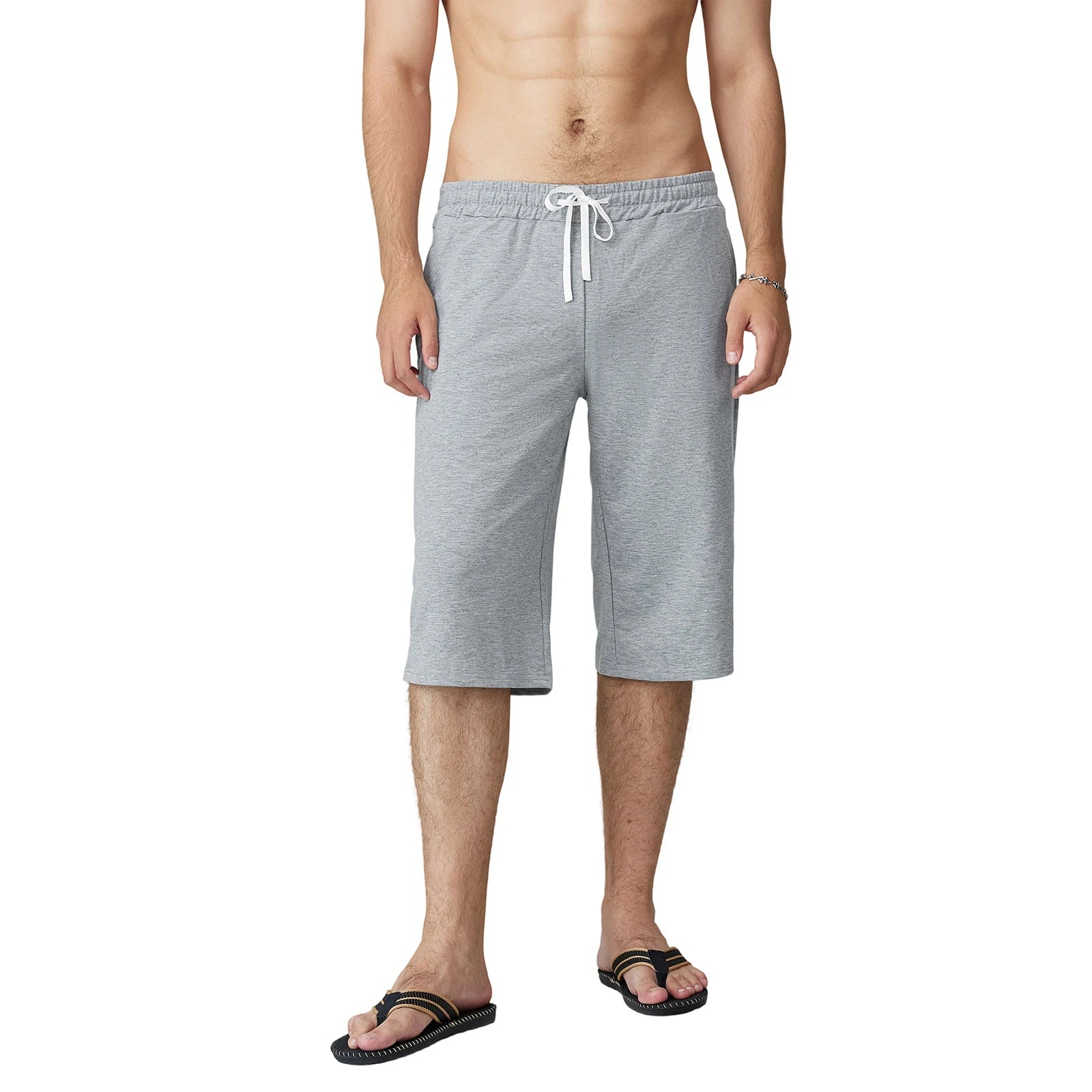 Men s Knee-Length Shorts with Elastic Waistband and Drawstring Loose Fit Solid Color Hip Hop Style Long Shorts with Pockets