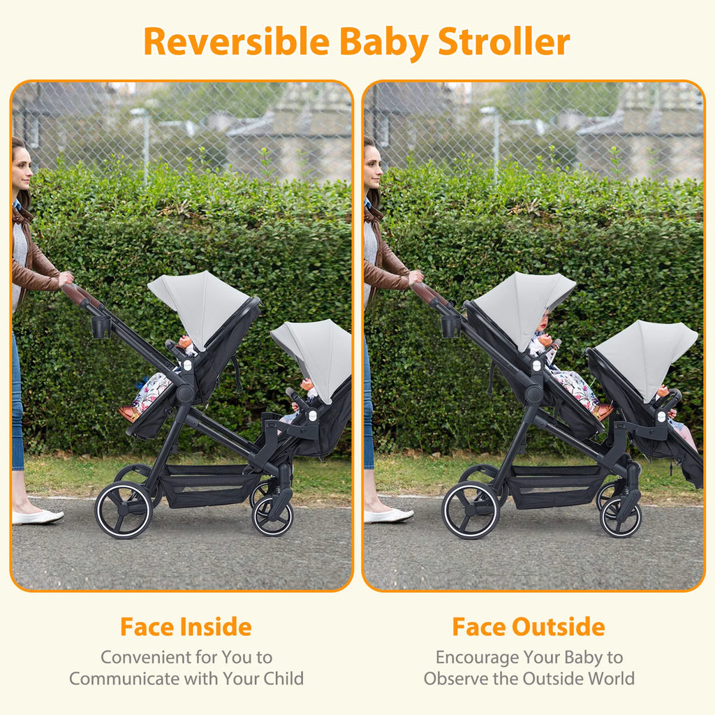 Double Stroller Track Tandem Stroller for Infant and Toddler, Foldable Pushchair Bassinet Pram, Multi-Position Reversible