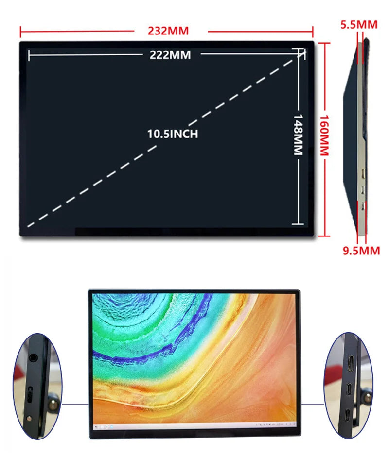 10.5 Inch Portable Touch Screen TV Monitor Mobile for Movie Home Party Office Business Lightweight High - definition Saturation