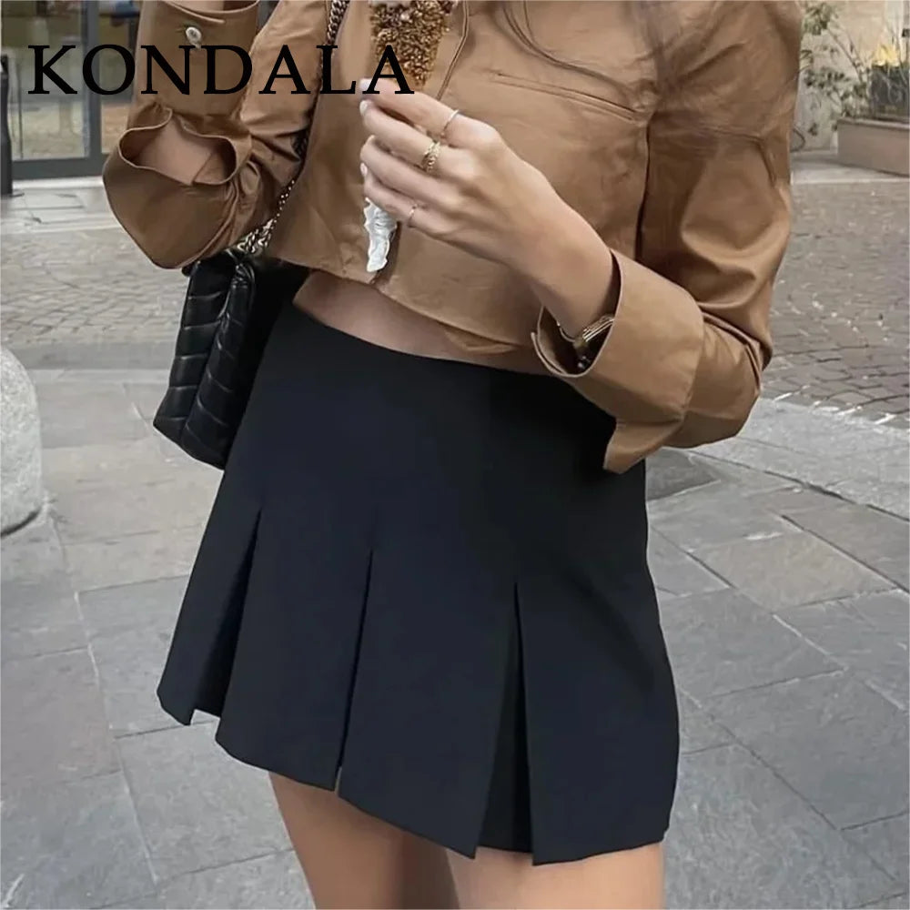 KONDALA 2025 Fall Winter Women Casual Tierred Mini Skirts Fashion Vintage Solid High Wasit Ruffles Pleated Sexy Shorts Skirts