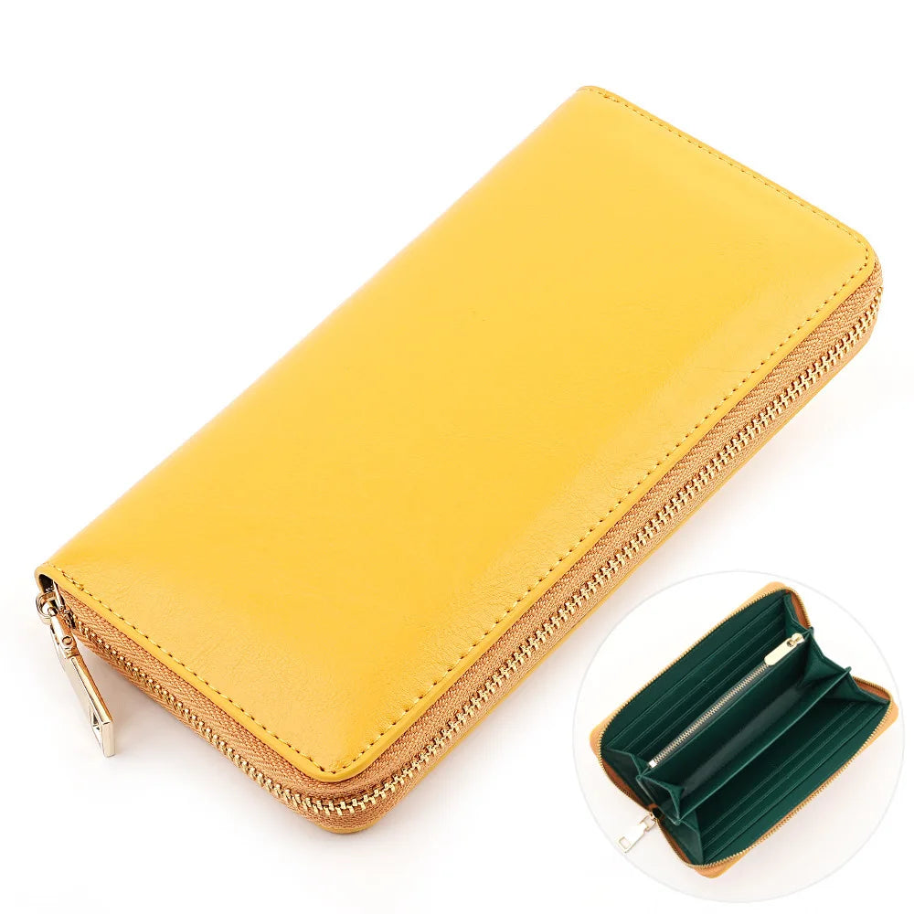 New Oil Waxed Cowhide Women's Zipper Wallet Long Genuine Leather Large Capacity Handbag Japan Style