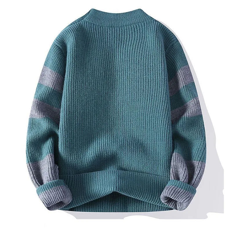 Autumn Winter New Men Sweater Mock Neck Patchwork Contrast Color Trend Youth Fashion Thicken Long Sleeve Pullovers Knitted Tops