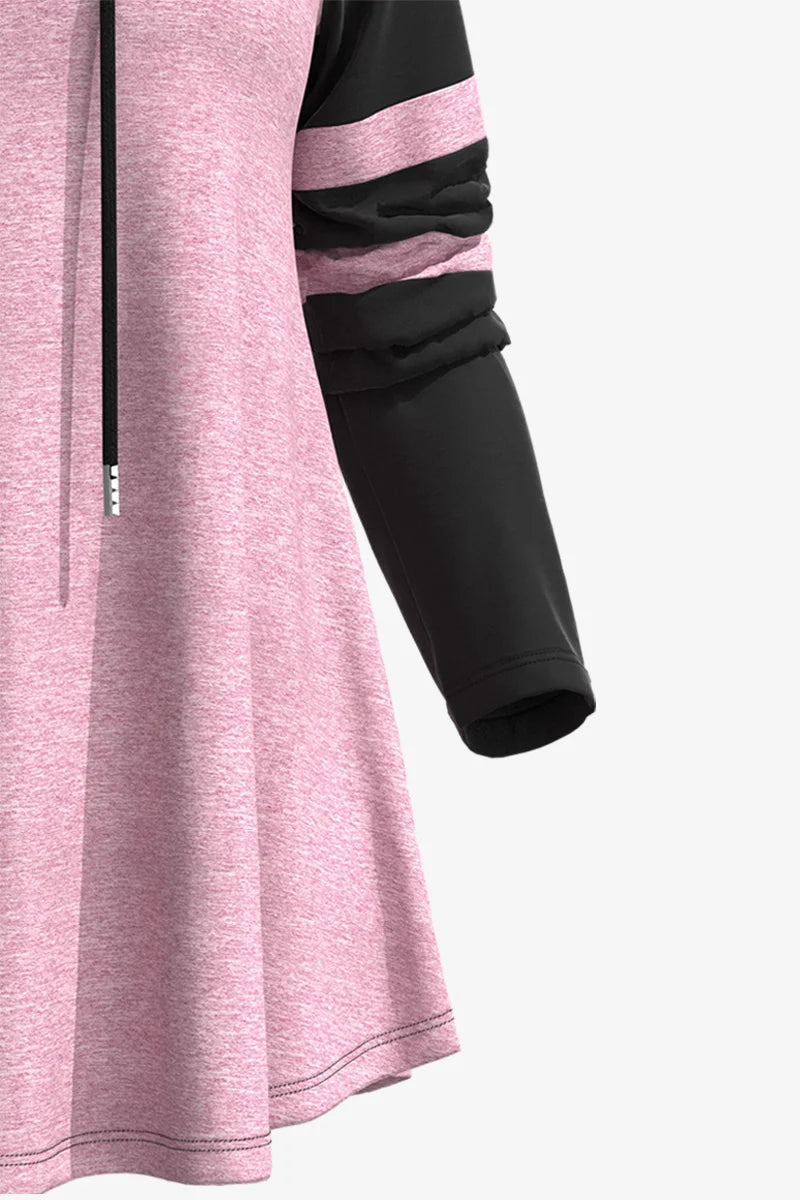 Women’s Plus Size Lace-Up Colorblock V-Neck Top – Pink Long Sleeve Casual Splice T-Shirt (1XL–5XL)