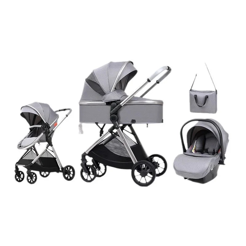 3 in 1 multifunctional baby stroller equipped with car seats for sitting and lying down, lightweight and comes with a mommy bag