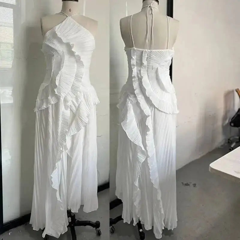 Giyu Sexy Evening Party Dresses Women Summer Halter Prom Gown Ruffles Lotus Edge Tiered Backless Robe Elegant Chiffon Long Dress