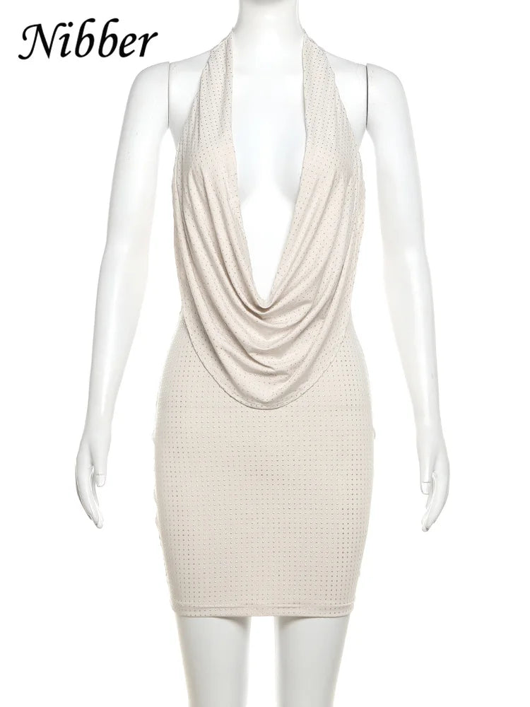 Nibber Glue Point Drills Solid Color Mini Dress Women Fashion Deep V-neck Strapless Dresses Female Trend Streetwear Clothing