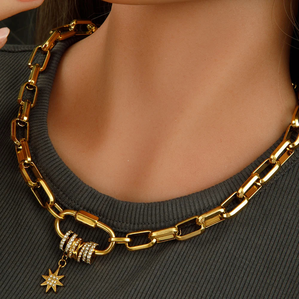 18K Gold-Plated Carabiner Necklace | Waterproof Stainless Steel Chain with Zircon Star Charm