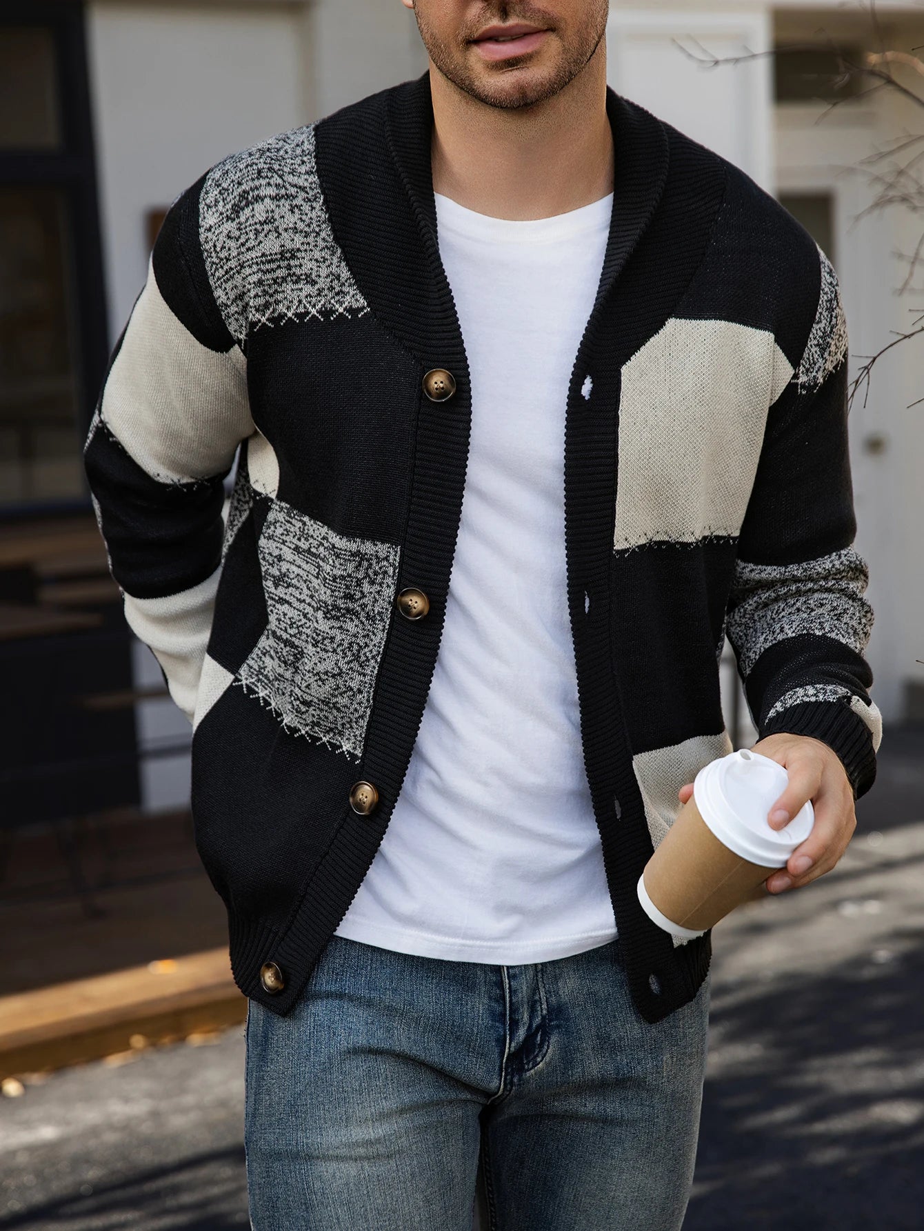 Men's Autumn and Winter Cardigan Sweater, Black-White-Gray Plaid Color Block, Casual and Versatile Knitted Jacket