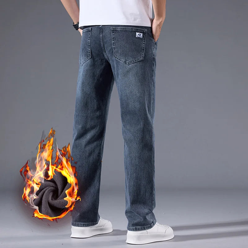 Men's Winter Warm Fleece Lined Thick Stretchable Business Casual Jeans Lightweight Trousers for Office And Daily Wear