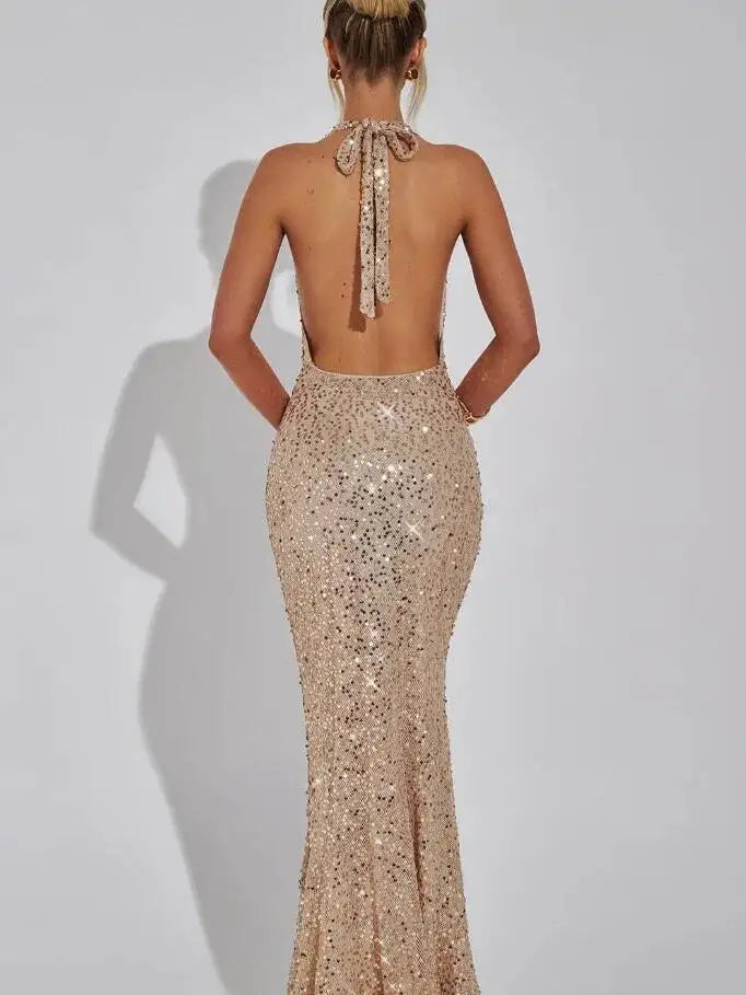 Giyu Sexy Glitter Sparkle Sequined Club Evening Party Dresses Women 2025 Summer Autumn Halter Backless Bodycon Maxi Long Dress