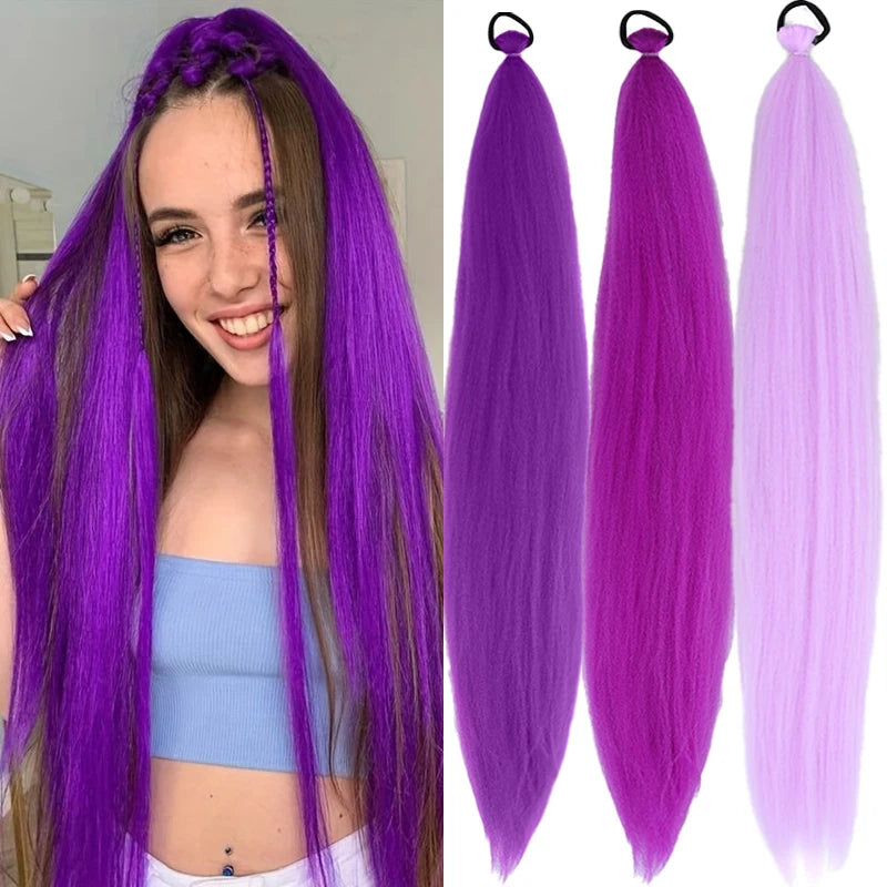 Synthetic Purple Hair Ponytail with Elastic Rubber Band Long Yaki Straight Ponytail for DIY Braiding for Christmas Halloween Use