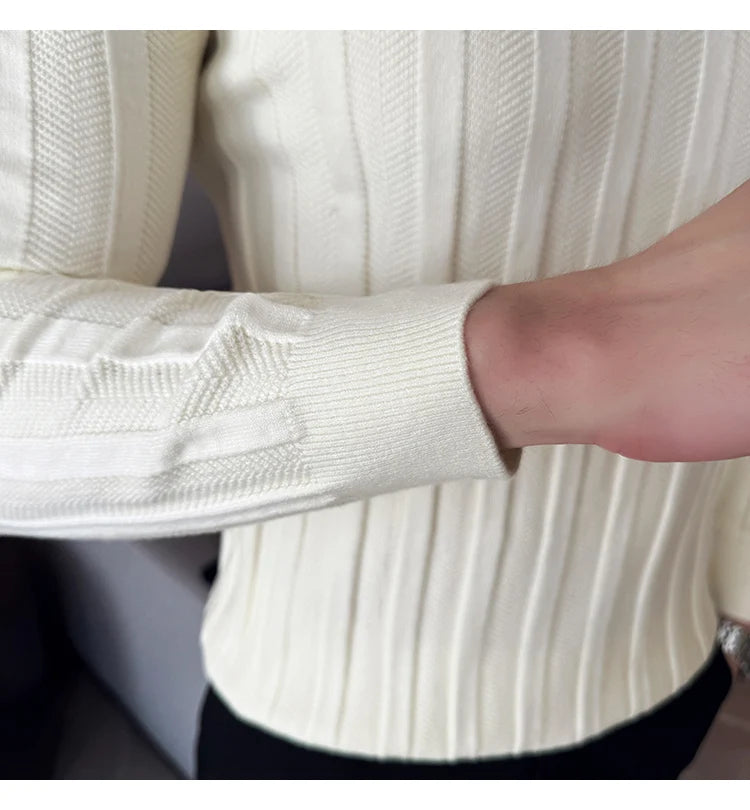 Men's Zip-Front Knit Sweater - White Polo Collar (Black/Burgundy/Cream) M-4XL Soft Touch Autumn Winter Casual Style