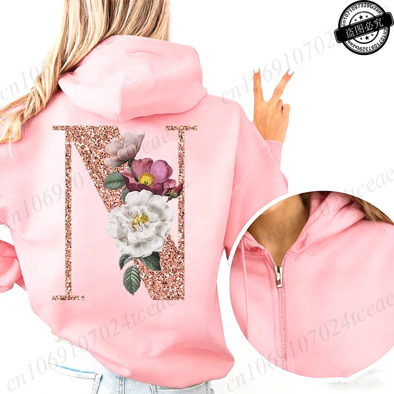 Women Zip Up Hoodies Rose Gold Letter A~Z Zipper Jackets Coats Autumn Winter Hoody Sweatshirt Fashion Casual Zip Pink Hoodie Top