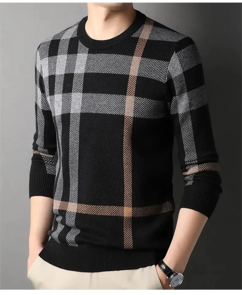 High end luxury pullover men autumn winter designer brand round neck striped wool sweater European fashion casual warm knitwear