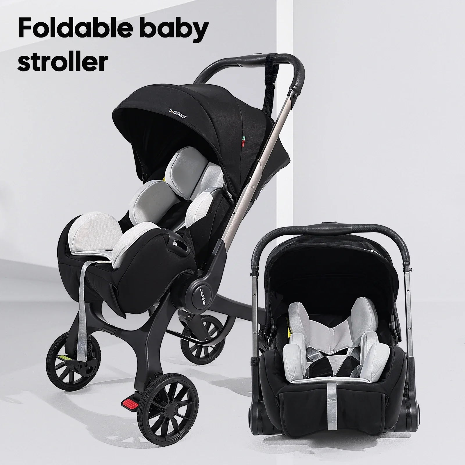 Portable baby strolle, foldable travel cart, adjustable handle for two-way push, adjustable backrest, with sunshade