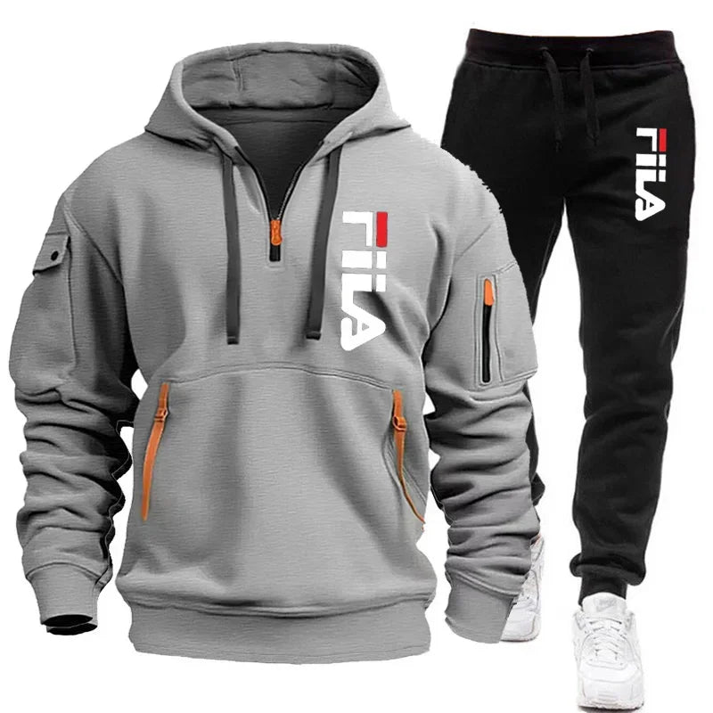 Autumn and Winter 2025 new men's hooded sweatshirt + pants two-piece set, outdoor multi-pocket men's pullover sportswear set