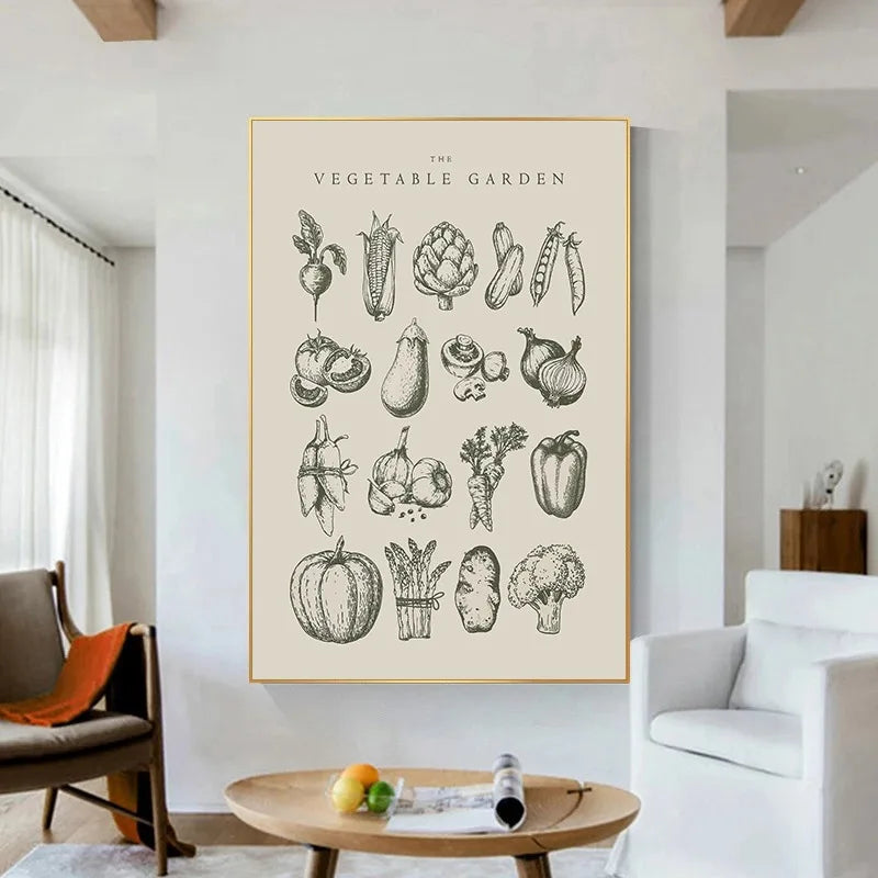 Minimalist Vegetable Canvas Wall Art – Sage Green Botanical (Onion & Carrot) Poster