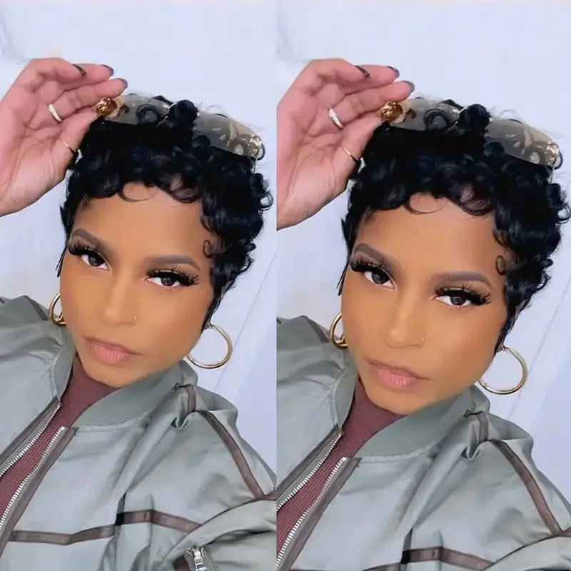 Hair Synthetic Wigs For Black Women Glueless Short Curly wigs With Bangs For Daily Use Natural Black 1B Color