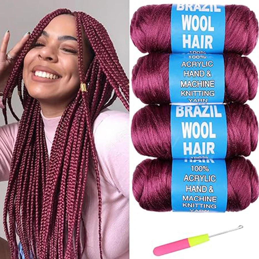 4 Pcs Brazilian Wool Synthetic Hair for Braids Acrylic Hand Knitting Yarn for Braiding Hair  Crochet Hair Extension