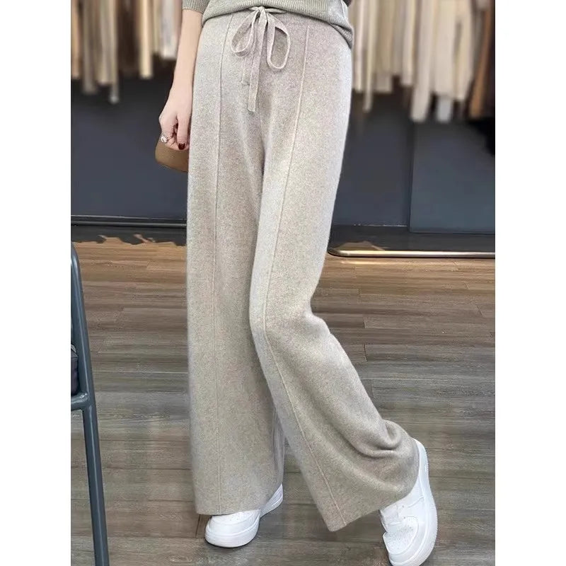 Women’s High-Waist Knit Wide-Leg Pants — Full-Length, Elastic Waist, Warm Stretch (Autumn/Winter, Korean Style)