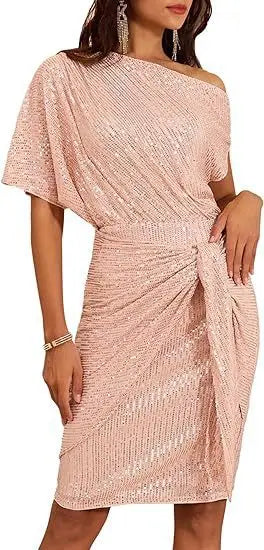 Edge-embroidered Glittering Party Club One-shoulder Pleated Toast Dress Fashionable Evening Gown
