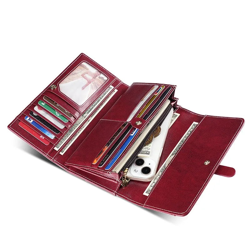 Genuine Leather Wallet for Women Long Clutch Bag Oil Wax Leather Retro Women's Multifunctional RFID Anti-theft Brush Wallets