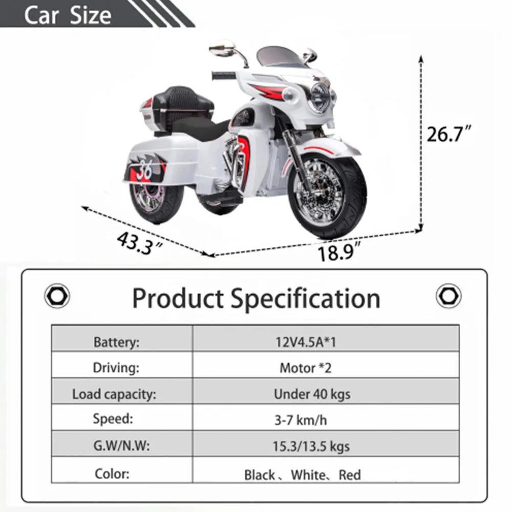 12V Dual-Seat Kids Electric Ride-On Motorcycle | 3-Wheel Motorbike with Key Start, Headlights & Storage Box