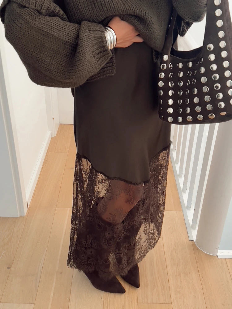Trendix Women Patchwork Lace Skirts 2025 New High Waist Slim Hollow Out Maxi Skirts Autumn Brown Fashion Party Club Boho Skirt