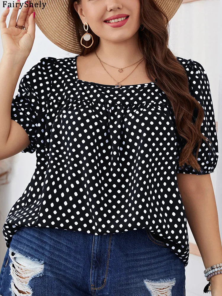 FairyShely Plus Size Square Collar Summer Top – Elegant Short Sleeve Casual T-Shirt for Women