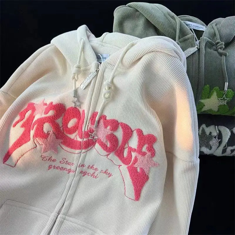 Fashion Embroidery Zip Up Hoodies Women Autumn Long Sleeve Tops Loose Hood Shirt Harajuku Y2K Clothes Female Sweatshirt Jacket