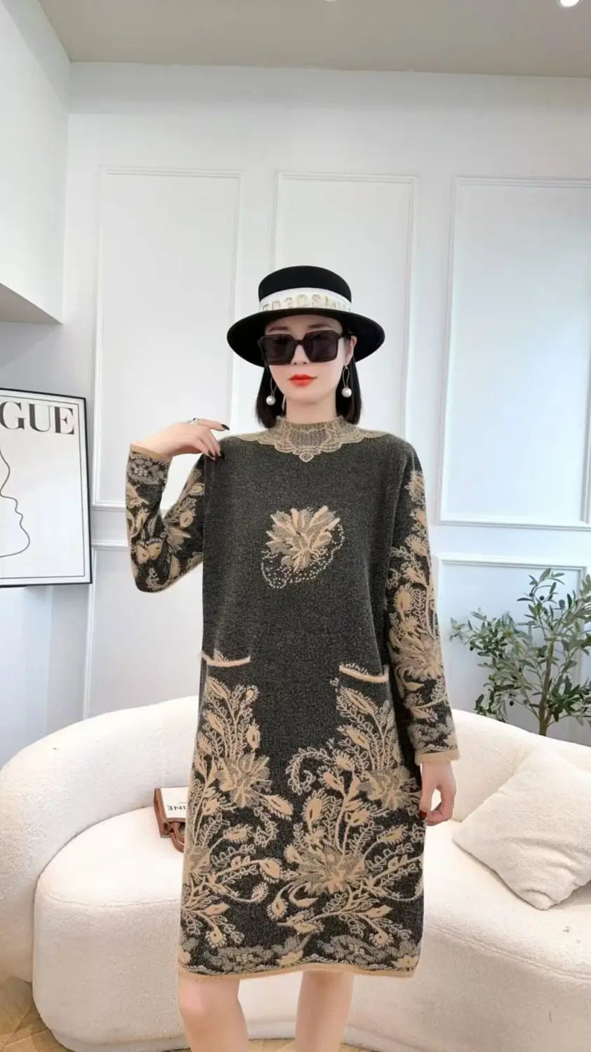 Autumn Winter Women Vintage Ethnic Style Flower Pockets Knitted Dresses Ladies Half High Collar Long Sleeve Loose Sweater Dress