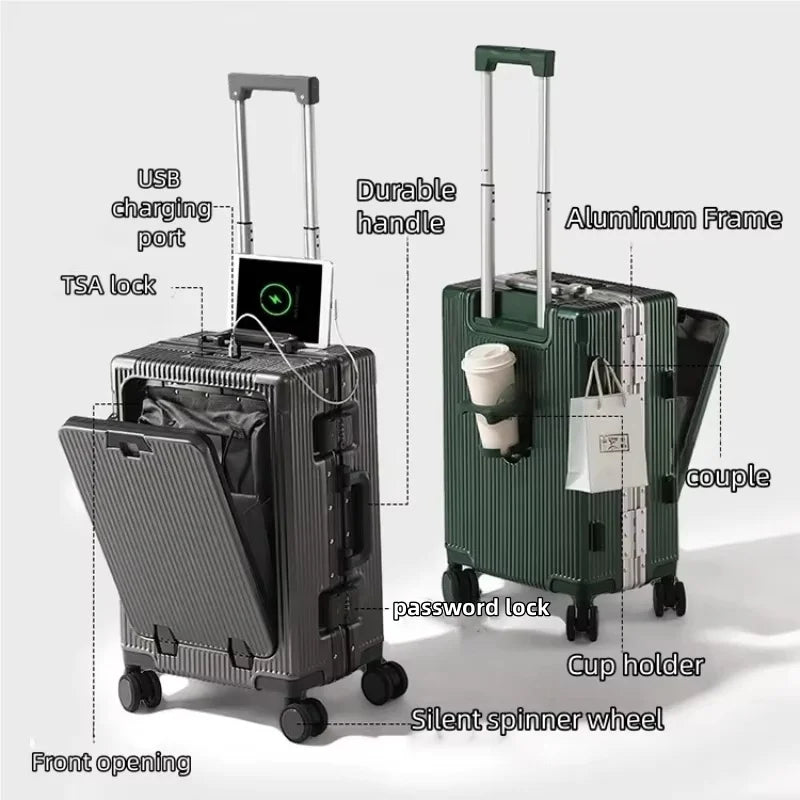 Front-Opening Carry-On Luggage with USB Port & Aluminum Frame