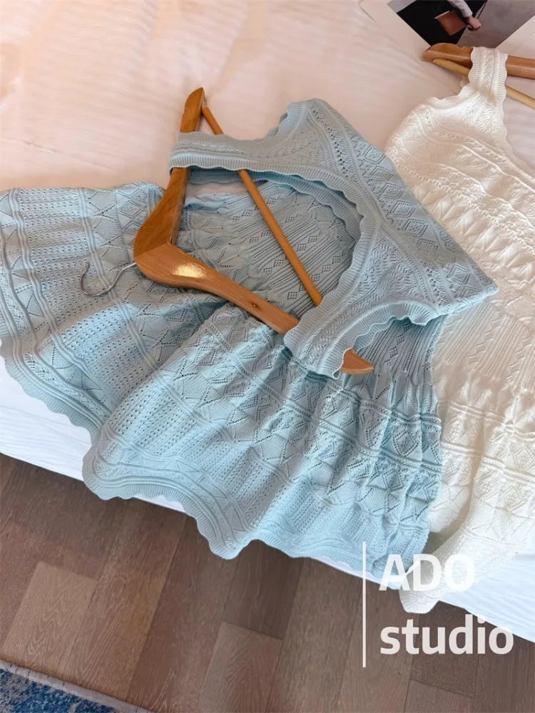 Korobov Solid Color Sweet A-line Dresses Ruffled Knitted Vest Dress for Women Summer French Style Hollow Short Skirt