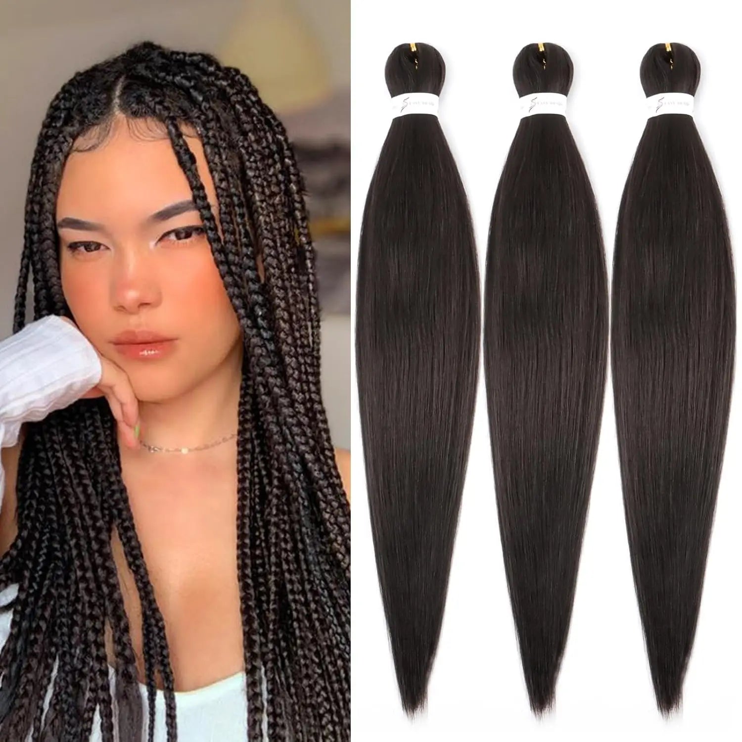 26inch Prestretched Knotless Kanekalon Hair Long Straight Synthetic Box Braids Yaki Texture Hot Water Setting Hair Extension