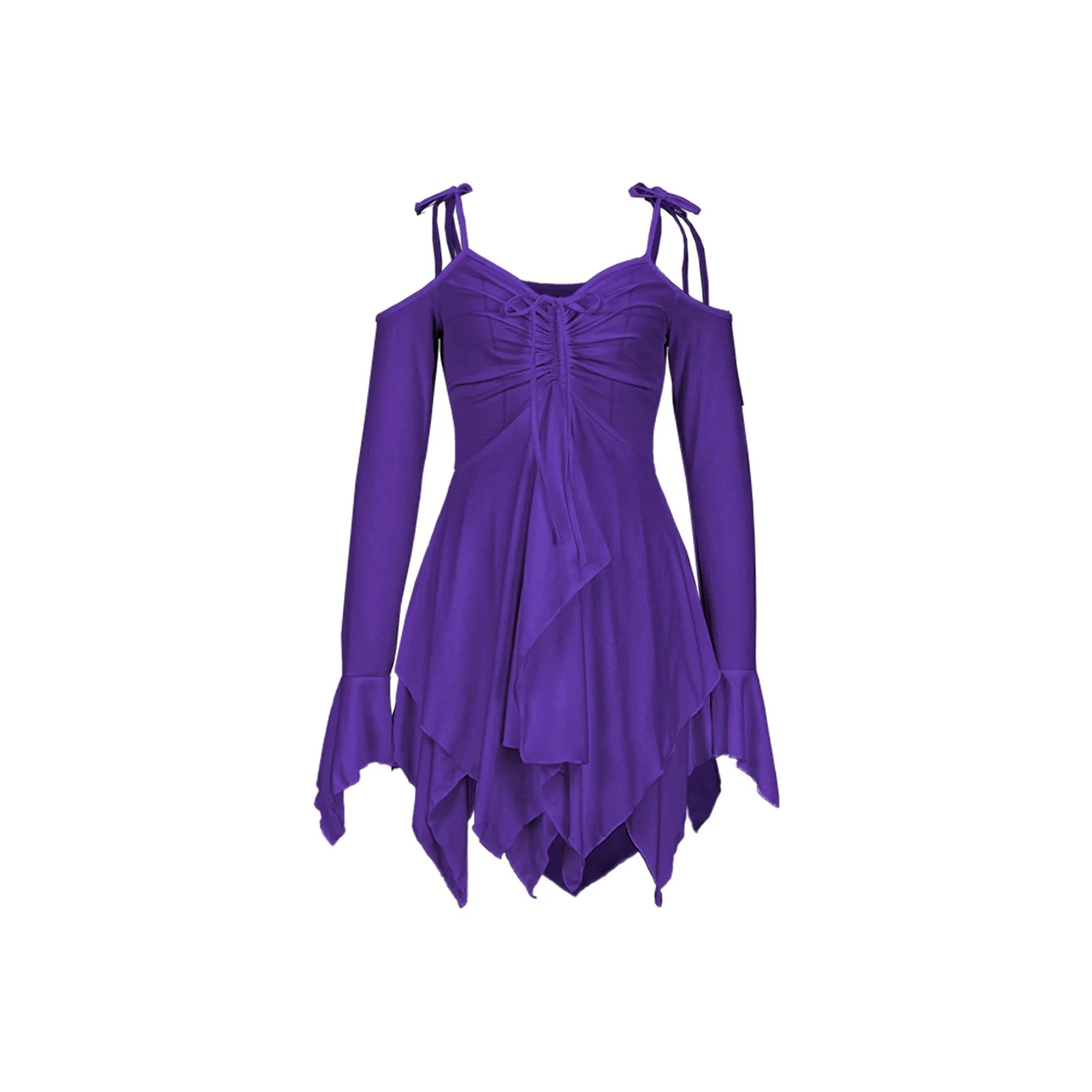 SKMY Women Clothing Drawstring Pleated Short Dresses Solid Color Y2K Irregular Lace-Up Off The Shoulder Long Sleeve Dress