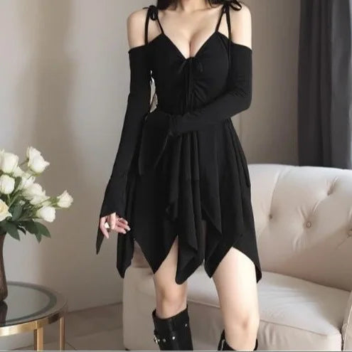 Plus Size Wind Tie Drawstring Sexy Girl Strap Dress Asymmetrical Pleated Slim Short Skirt Knitted Fabric No Sleeve Vintage Art