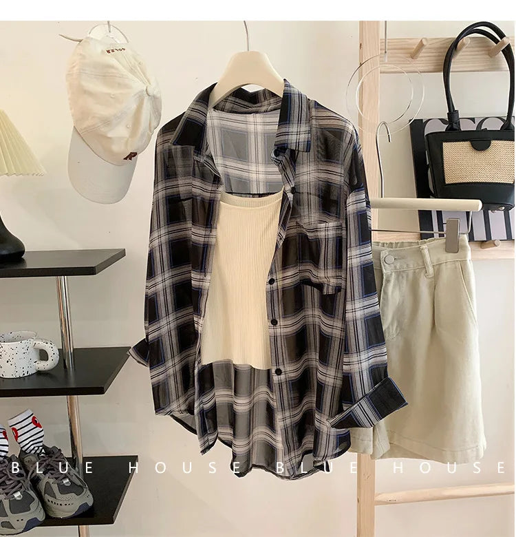 2024 New Red Black Checkered Long Sleeve Sunscreen Shirt for Women's Spring and Autumn, Loose and Lightweight Shirt Top Outer