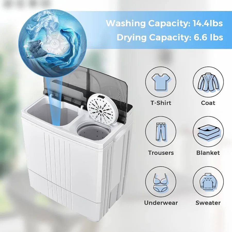 Portable Washing Machine with 21lbs Capacity 14.4lbs Washer and 6.6Lbs Spinner Compact Design Ideal for Apartments and RVs Whit
