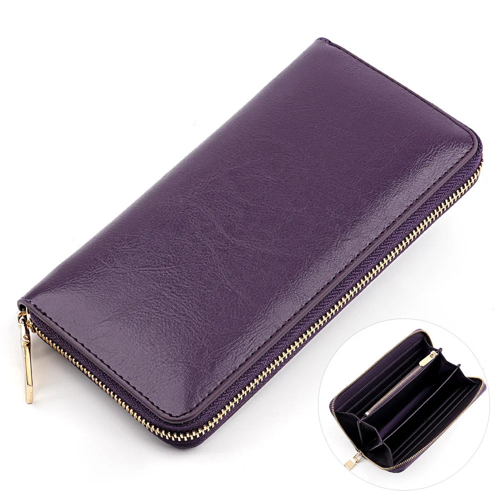 New Oil Waxed Cowhide Women's Zipper Wallet Long Genuine Leather Large Capacity Handbag Japan Style
