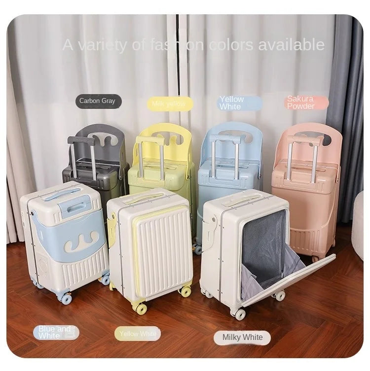 2025 New suitcase for children can Sit 20/22 inch Ride on Luggage Front Opening Sturdy Thickened Travel suitcase with Cup Holder